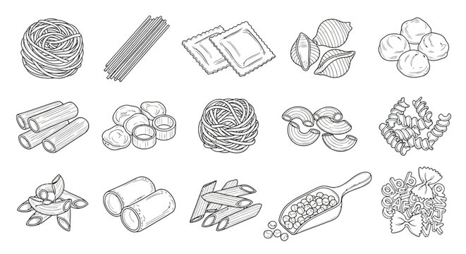 Different types of pasta icons set isolated on collection of linear icons for italian cuisine or pasta restaurant menu
