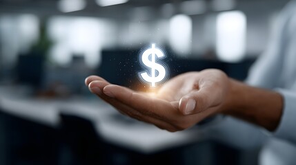 A business-attired hand holding a glowing, white dollar sign ($), symbolizing finance, investment, or monetary value.