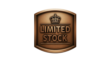 Bronze plaque featuring a crown emblem and the text limited stock isolated on transparent background