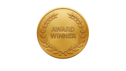 Golden award winner medal with laurel wreath design isolated on transparent background