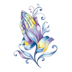 Watercolor Praying Hands with Floral Swirls isolated on a transparent background
