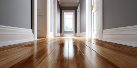 Obraz premium Bright modern hallway with polished wooden floor and white doors leading to rooms under natural daylight