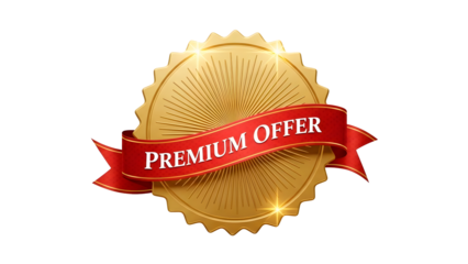 Shiny golden seal or badge with a red ribbon banner displaying the text premium offer isolated on transparent background