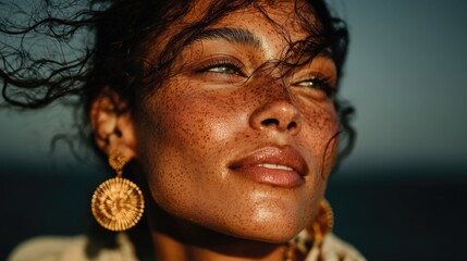 Close-up portrait of woman with freckled skin, curly hair blown by wind, wearing large gold circular earring; warm light highlights glowing complexion against soft dark background