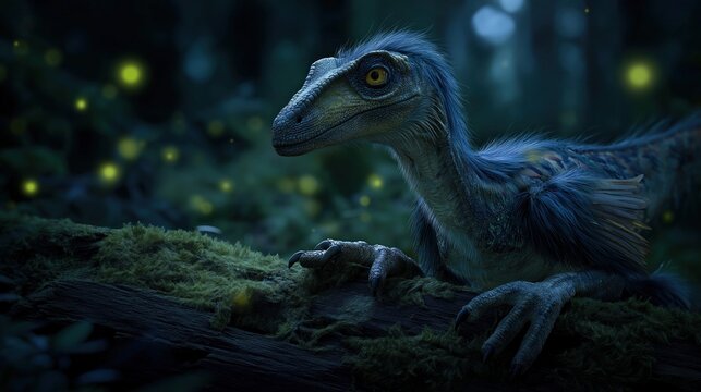 Young Feathered Velociraptor in Mossy Night