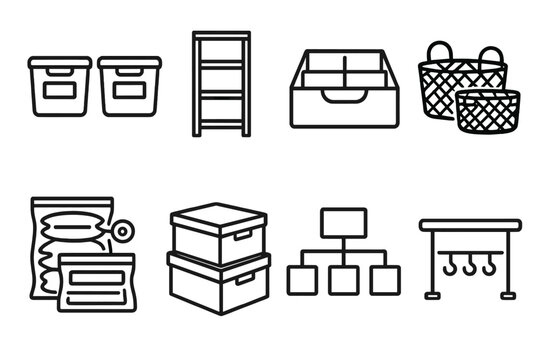 Organized Storage Icons. Organized Storage Solutions Set linear set: labeled bins, shelving unit, drawer dividers, storage baskets, space-saving bags, stackable boxes, organization