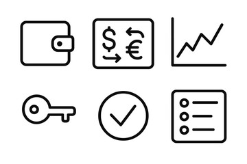 Fintech Icon Set. Fintech Interaction Set linear set: minimalist wallet icon, currency exchange panel, insights graph, payment confirmation tick, identity key symbol, activity feed