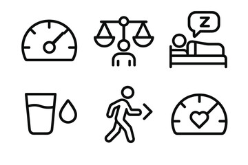 Employee Energy Icons. Employee Energy Management linear set: focus meter, workload balance scale, rest break icon, hydration reminder, task pacing arrow, wellbeing gauge.