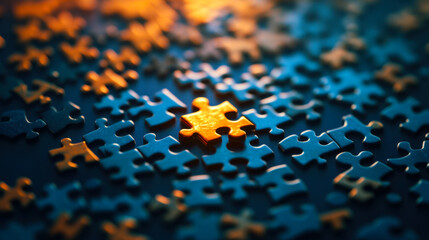 Bright yellow puzzle piece stands out among dark blue pieces in a jigsaw collection on a flat surface