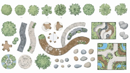 Top View Vector Collection of Landscape Architectural Design Elements: Trees, Paths, Rocks, and Park Layouts © sweet.love.com