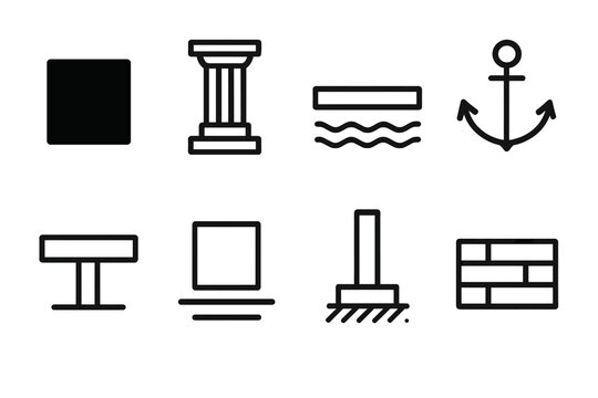 Foundation Icons Set. Foundation Icons Set linear set: solid block, firm pillar, grounded line, anchor symbol, stable platform, base layer, supporting beam, steady brick.