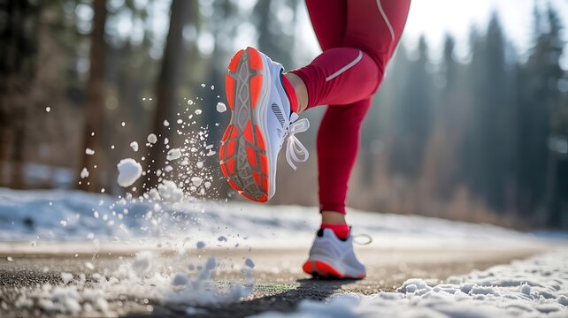 Close up of a runner s legs in red leggings and athletic shoes kicking up snow - Powered by Adobe