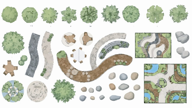 Top View Vector Collection of Landscape Architectural Design Elements: Trees, Paths, Rocks, and Park Layouts