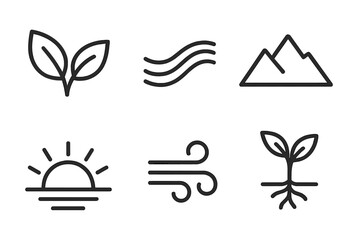 Natural Harmony Icons. Natural Harmony Symbols linear set: leaf pair, flowing stream, mountain outline, sunrise circle, soft breeze lines, rooted sprout.
