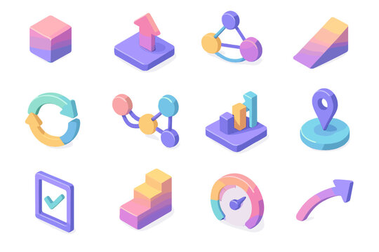 Skill Development Icons. Skill Development Routes flat isometric set: foundational block, incremental step arrow, practice hub node, challenge ramp tile, reinforcement cycle ring,