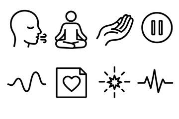 Mindfulness Icon Set. Mindful Coping Skills Set linear set: grounding breath, calm posture figure, soothing hand gesture, gentle pause icon, emotion wave, support note, clarity