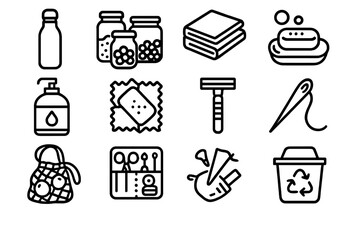 Eco-Friendly Icons. Low-Waste Lifestyle linear set: metal water bottle, bulk food jars, cloth napkins, bar soap, refill station container, beeswax wrap, reusable razor, fabric