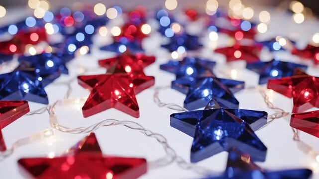 Red and blue star shaped led string lights on white background with bokeh lights christmas tree lights