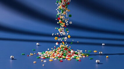 Sprinkles Cascade: A vibrant spectacle of sprinkles in a colorful array, gracefully cascading onto a cool blue surface, creating a playful, eye-catching visual experience.