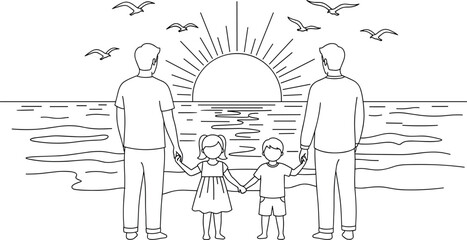Naklejka premium Same-sex couple with son and daughter standing on beach holding hands watching beautiful sunset or sunrise over ocean horizon, line art vector illustration.