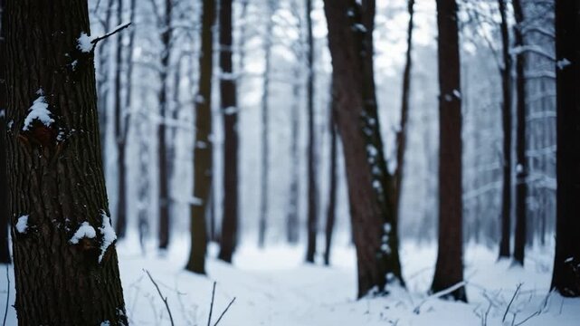 Video Video A serene winter scene featuring a dense forest covered in snow, ideal for use in calendars, postcards or as a background