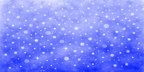 Abstract blue winter sky background with falling snow and bright stars for Christmas and New Year holiday celebration design