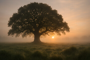 Obraz premium Majestic solitary oak tree silhouetted against a hazy golden sunrise casting ethereal light over a misty meadow