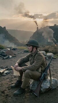At sunrise, a lone soldier sits quietly on a rock in a devastated battlefield, holding a crumpled letter as soft light cuts through fading smoke, marking calm after chaos.