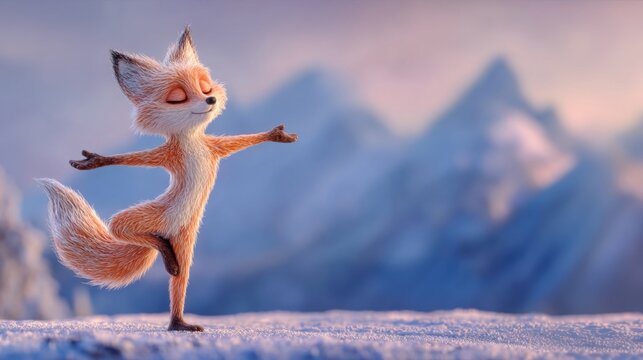 Cute cartoon fox practicing tree yoga pose on snow with copy space for kids wellness banner