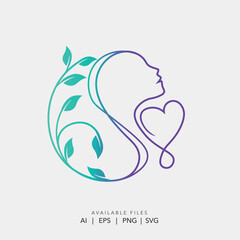 Natural Beauty Woman Face Logo with Heart and Leaf Line Art Vector for Wellness, Spa, and Skincare Brand Identity