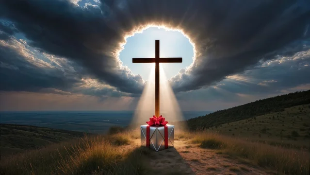 Large hilltop cross under stormy sky with glowing present