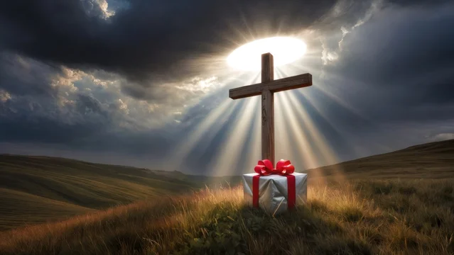 Wooden cross on hill with mystical gift and light rays
