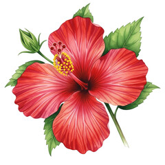Watercolor Red Hibiscus Flower with Green Leaves isolated on a transparent background