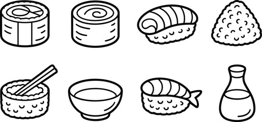 Japanese Sushi Ingredients Icons Rice Fish Roll Sauce and Bowl Line Art Set