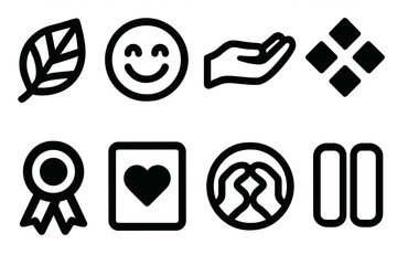 Bold Gratitude Icons. Appreciation-Focused Set silhouette set: gratitude leaf, mindful smile symbol, giving-hand icon, simple blessings tile, acknowledgment ribbon, daily gratitude