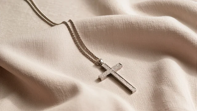 Cross necklace resting on beige linen