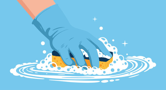 Hand in a blue rubber glove cleaning a surface with a yellow sponge creating soap bubbles and ripples in water. - Powered by Adobe