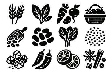 Bold Raw Ingredients Icons. Raw Ingredient Handling silhouette set: whole grains, fresh herbs, root vegetables, fruit basket, nuts scoop, raw beans, leafy greens bundle, spice