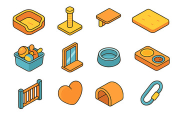 Pet Comfort Essentials. Home Comforts for Pets isometric flat set: padded corner bed, scratching tower, wall perch, cushy mat, toy bin, sunny window ledge, spill-proof bowl, meal