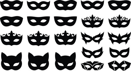 Vector Set of Elegant Masquerade and Carnival Masks, Including Venetian, Cat, and Superhero Styles, Ideal for Costume Parties, Mystery, and Event Graphics.