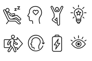 Employee Wellness Icons. Employee Renewal Activities linear set: restorative break icon, mindful pause tile, stretching routine bar, creative reset spark, outdoor walk arrow,
