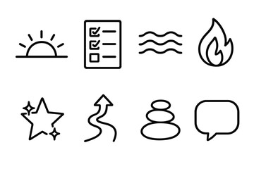 Morning Motivation Icons. Morning Inspiration Set linear set: dawn horizon, intention checklist, calm breath waves, motivation flame, hopeful star, guided path arrow, progress