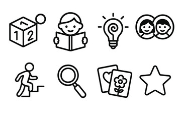 Child Development Icons. Child Development Support Set linear set: motor skills cube, reading book, creativity swirl, social interaction icon, milestone steps, curiosity lens,
