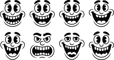 Vintage Cartoon Face Expressions Retro Emotions Character Set Black and White Illustration