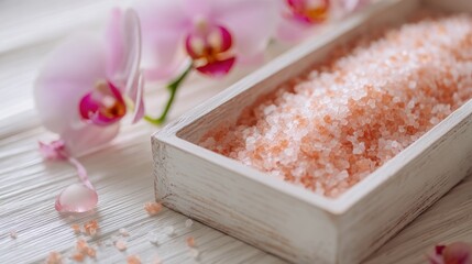 Pink Himalayan salt in wooden bowl with orchid flowers and petals