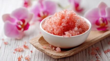 Pink Himalayan Salt with Orchid Flowers for Spa and Wellness Setting