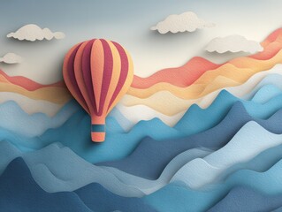 Colorful Hot Air Balloon Over Abstract Mountain Landscape Design