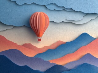 Colorful Hot Air Balloon Over Layered Paper Mountains Landscape