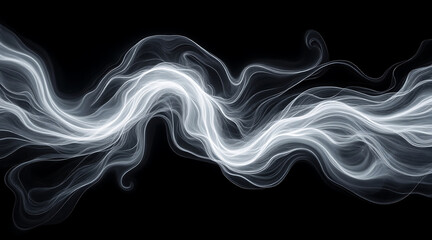Abstract swirling white energy coalescing into flowing smoke waves on black background, creating dynamic and ethereal visual effect