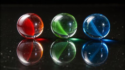 Colorful Marbles with Vibrant Reflections in a Dark Setting